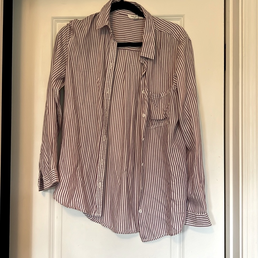 Purple and white stripped button up shirt